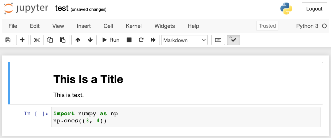 Ячейки Markdown и кода в файле «test.ipynb»