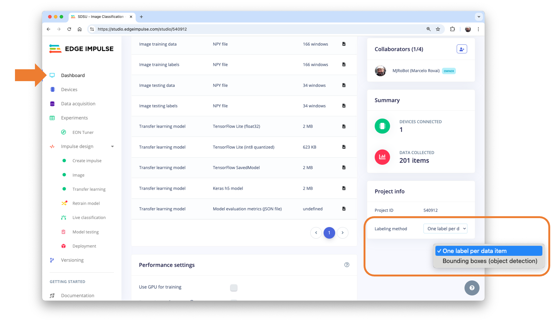 Раздел Dashboard с выбором одной метки на элемент данных