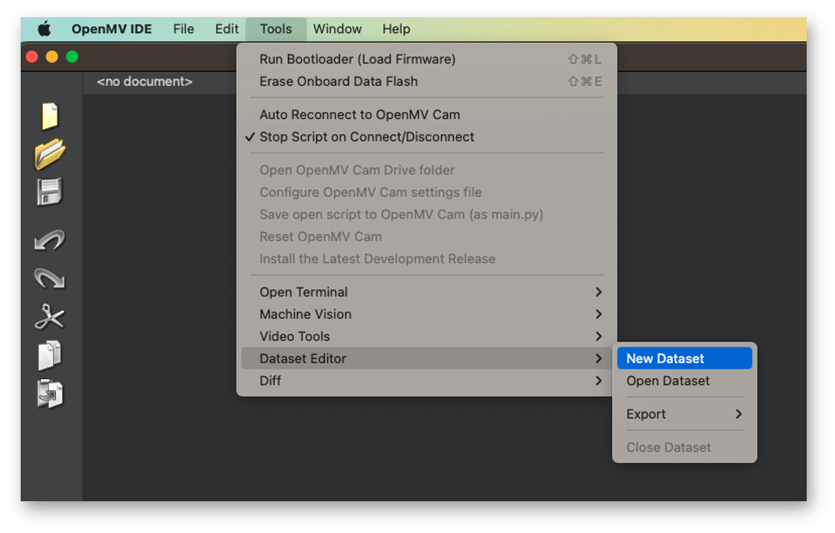 Создание нового набора данных в Dataset Editor OpenMV IDE