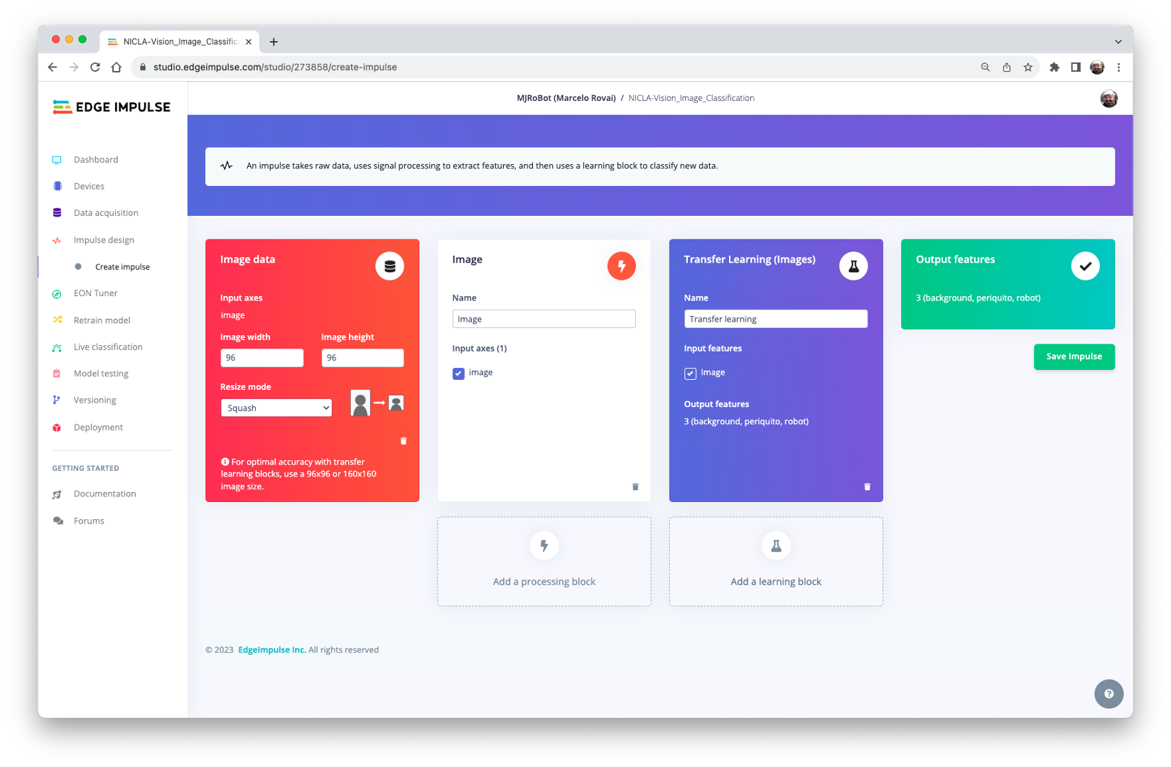 Создание Impulse с блоками Image и Transfer Learning