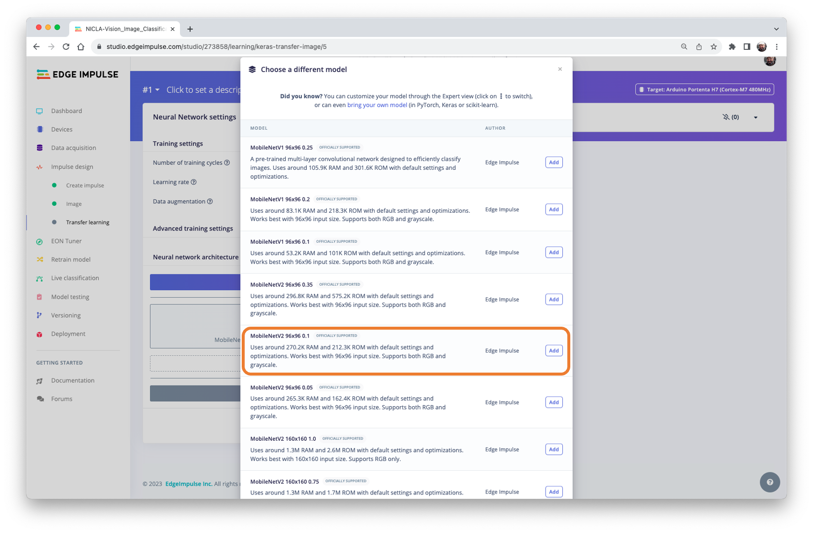 Выбор модели MobileNetV2 96x96 0.1 на вкладке Transfer Learning