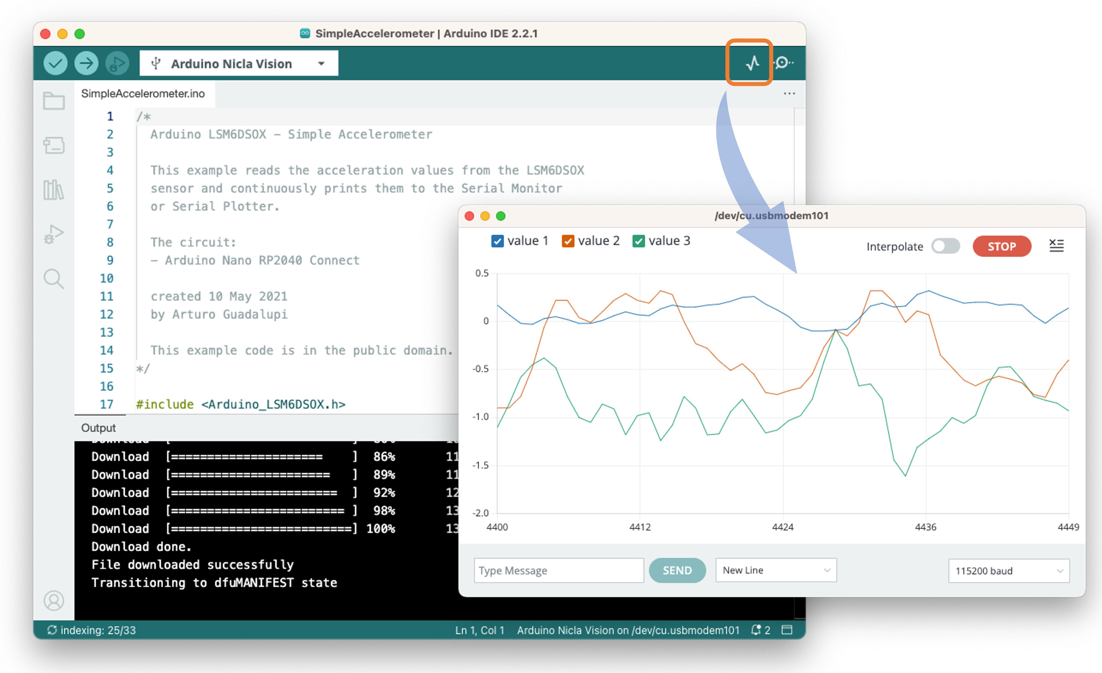 Результаты теста акселерометра в Serial Monitor