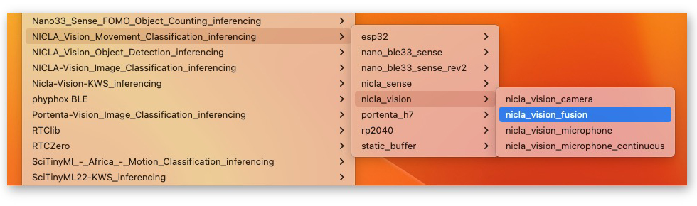 Выбор примера Nicla_vision_fusion в Arduino IDE