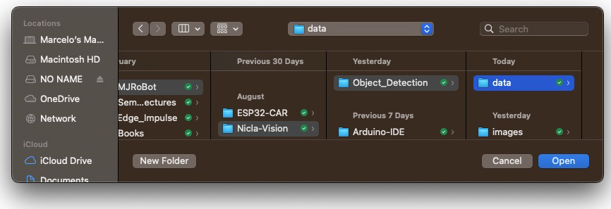 Создание папки data и нового набора данных в OpenMV IDE