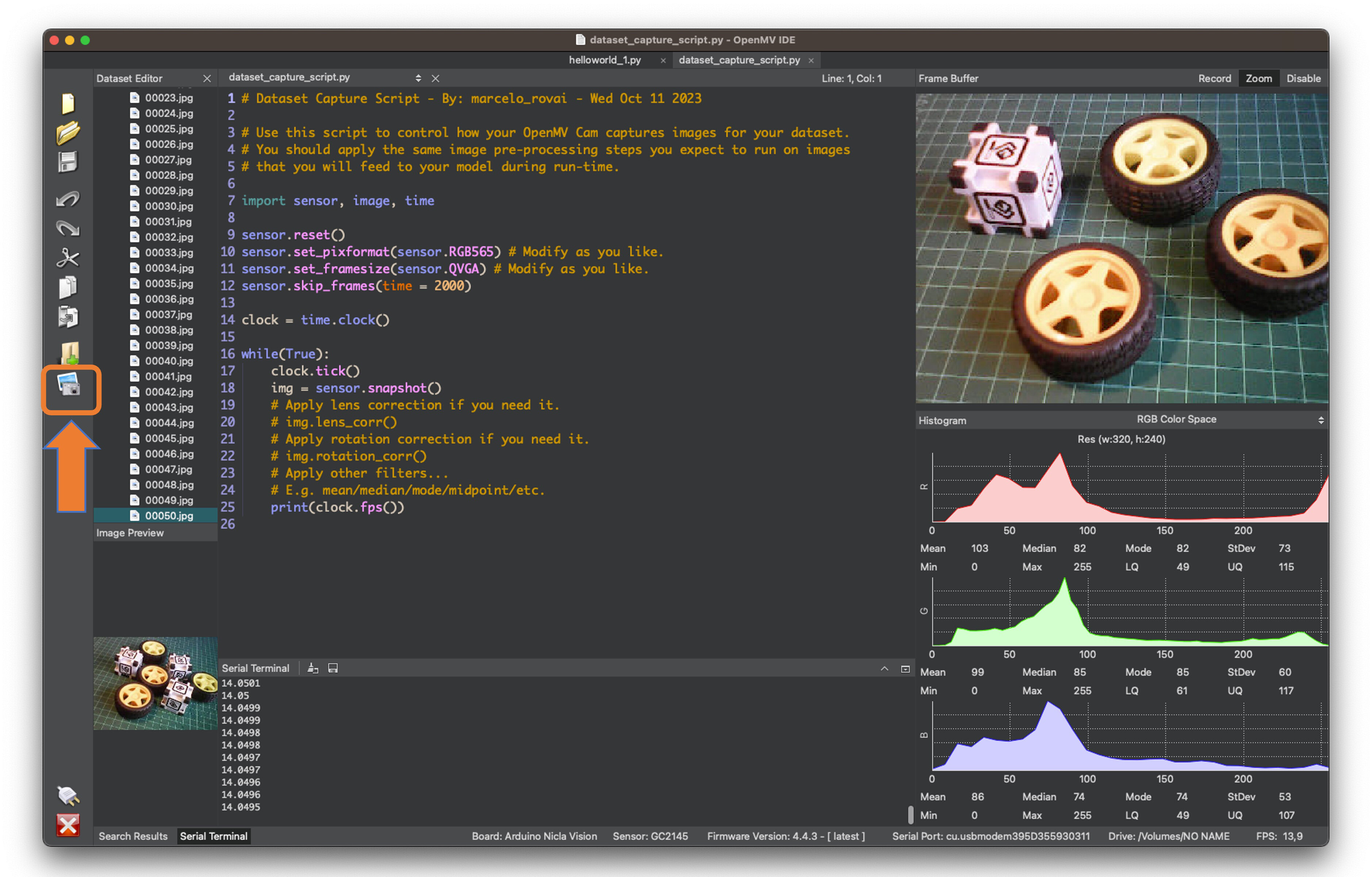 Кнопка Capture Image в OpenMV IDE