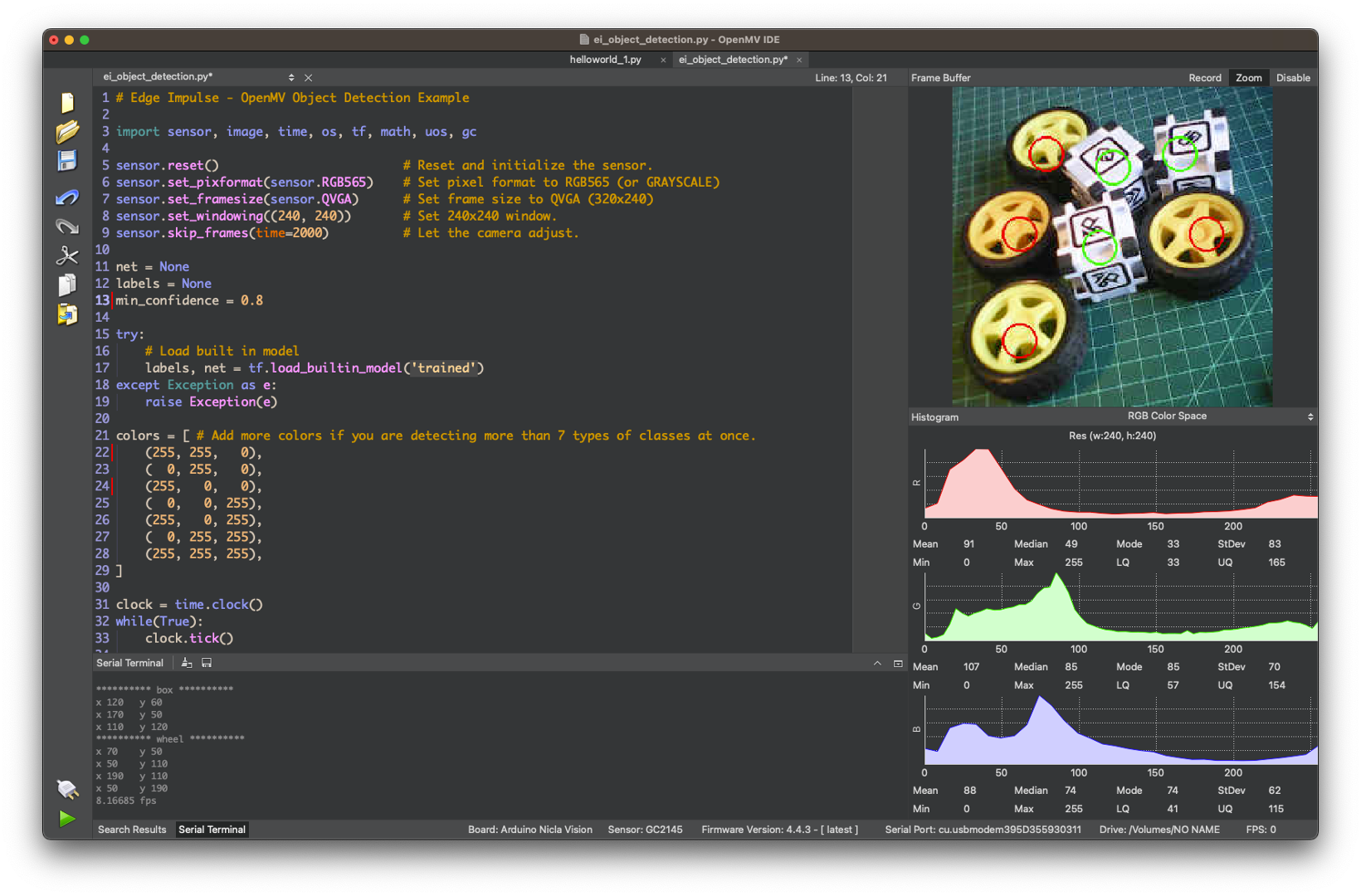 Запуск кода в OpenMV IDE зелёной кнопкой Play