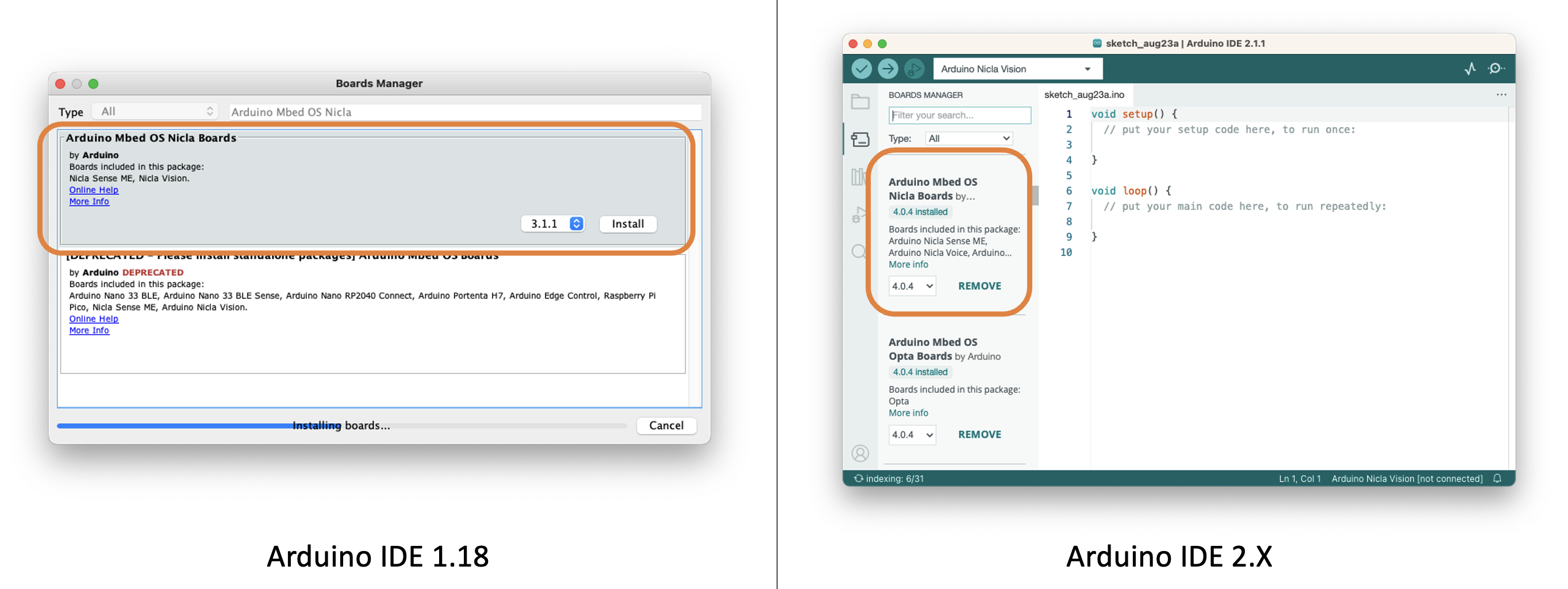 Поиск Arduino Nicla Vision в Board Manager
