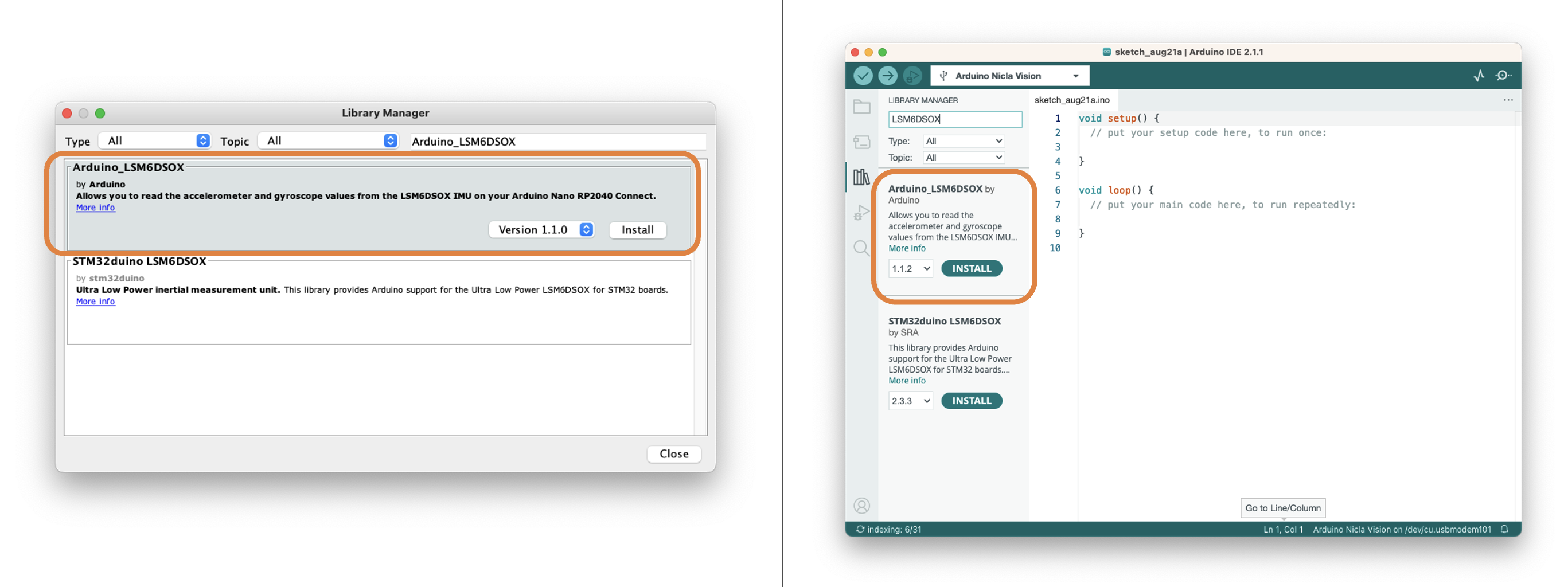 Установка библиотеки LSM6DSOX в Library Manager