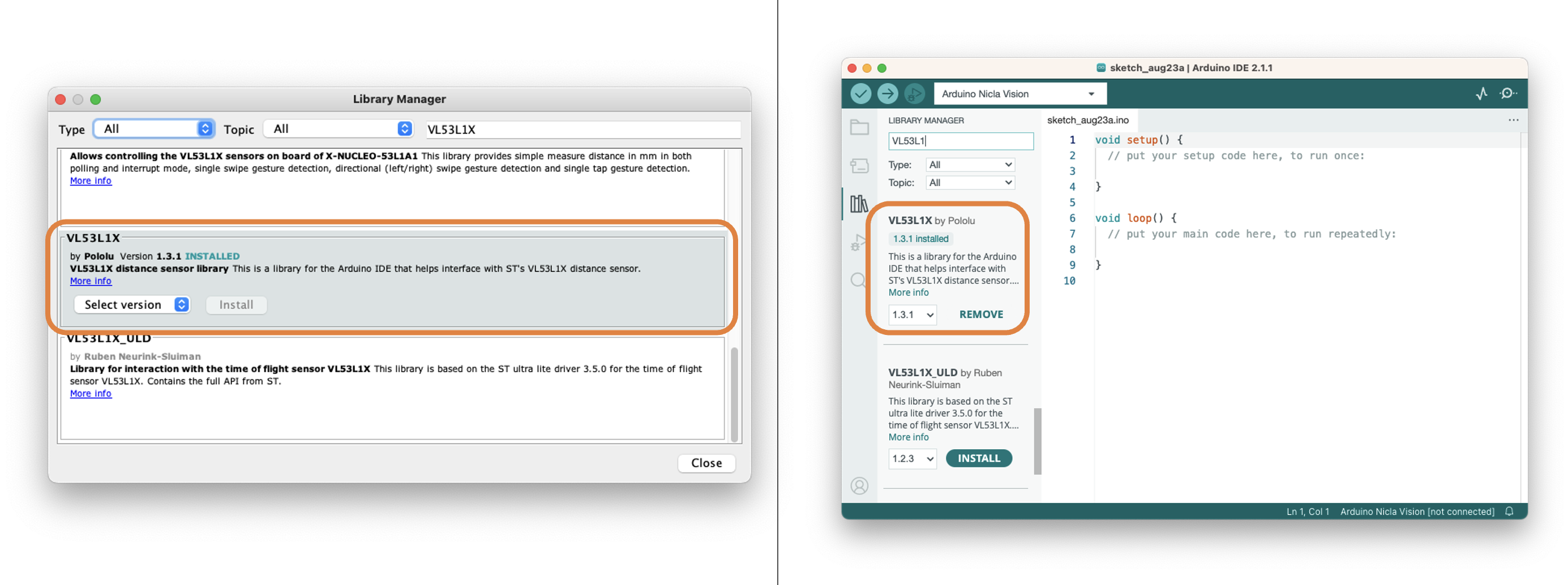 Установка библиотеки VL53L1X в Library Manager