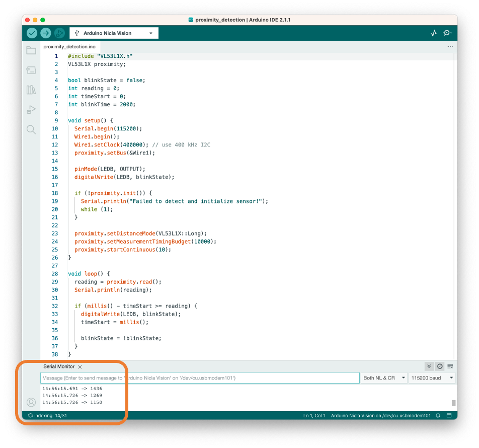 Запуск скетча proximity_detection в Arduino IDE