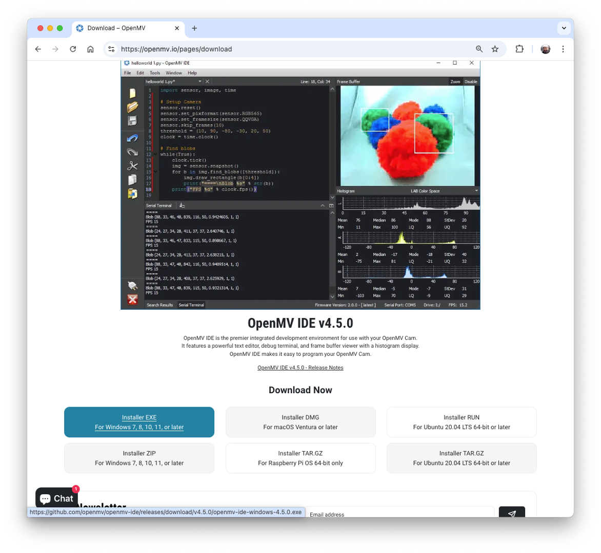 Окно установки OpenMV IDE