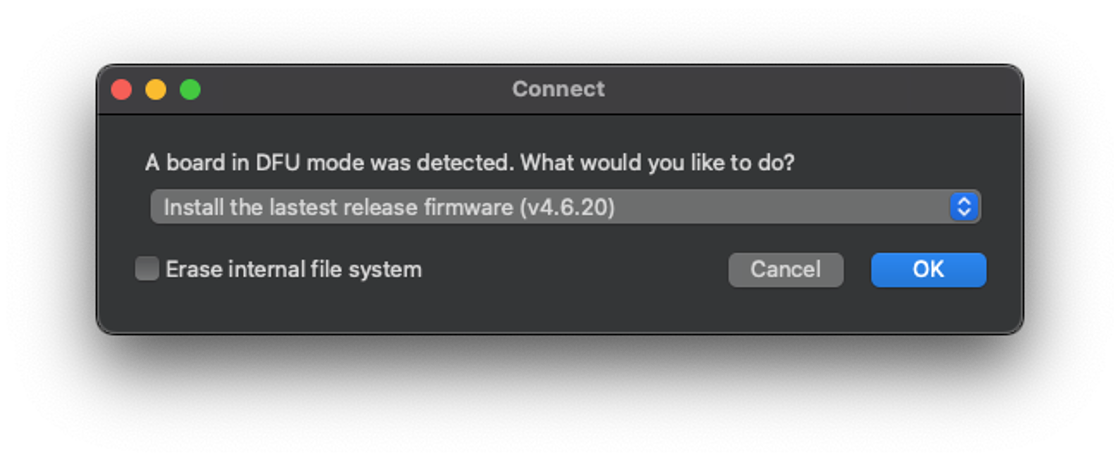 Окно выбора установки прошивки в OpenMV IDE