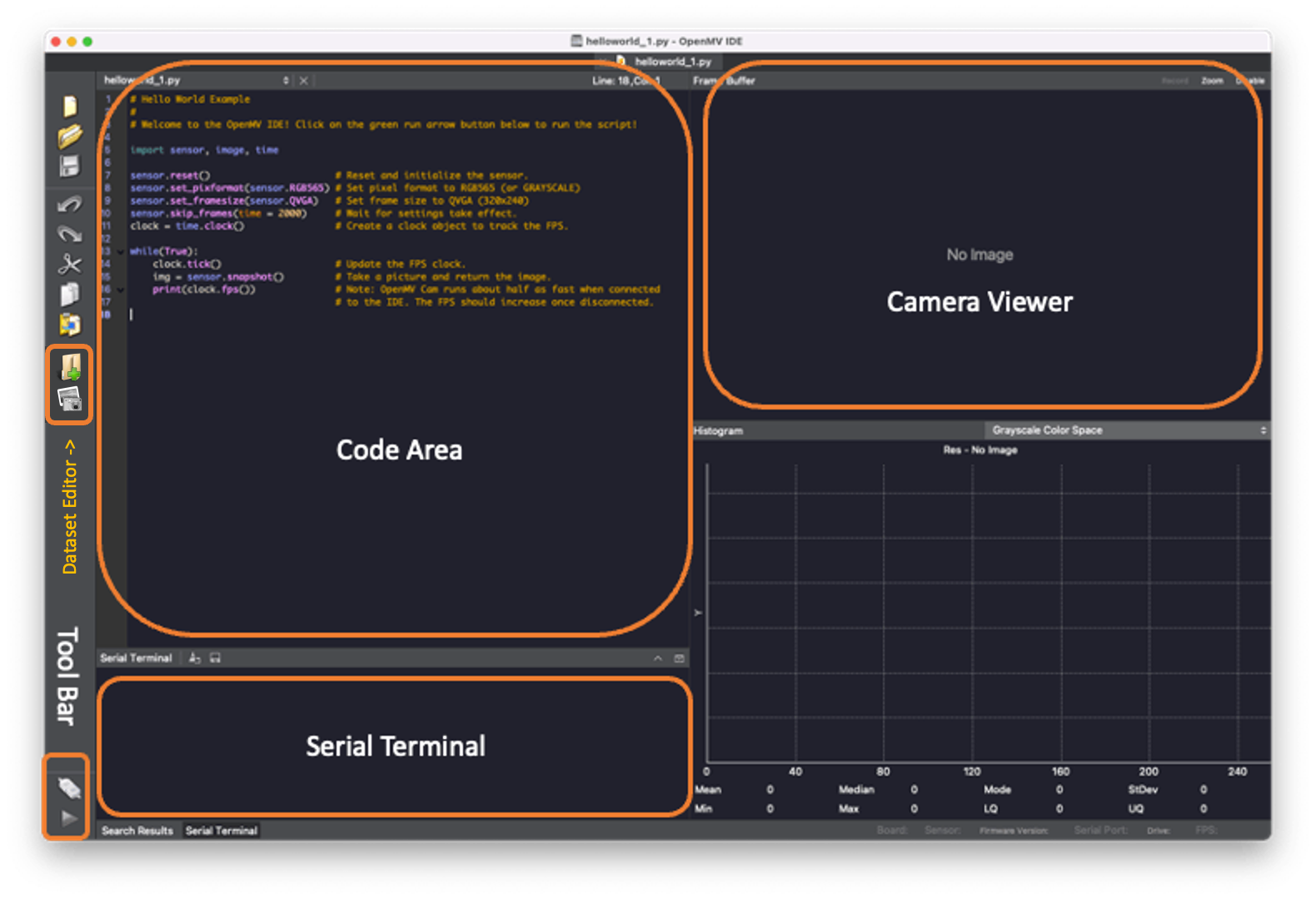 OpenMV IDE с кодом helloworld_1.py