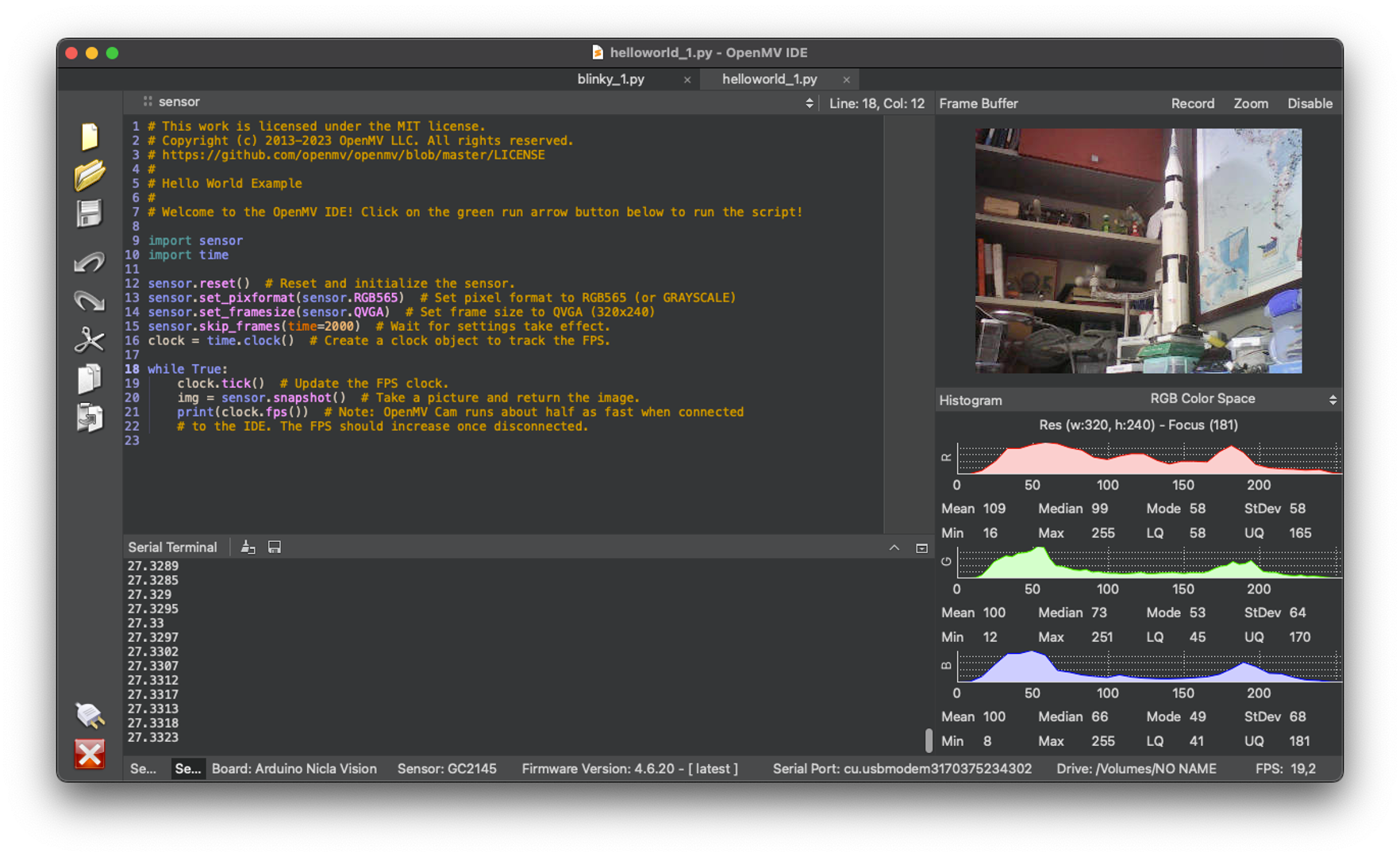 Вывод FPS в Serial Monitor при работе helloworld.py