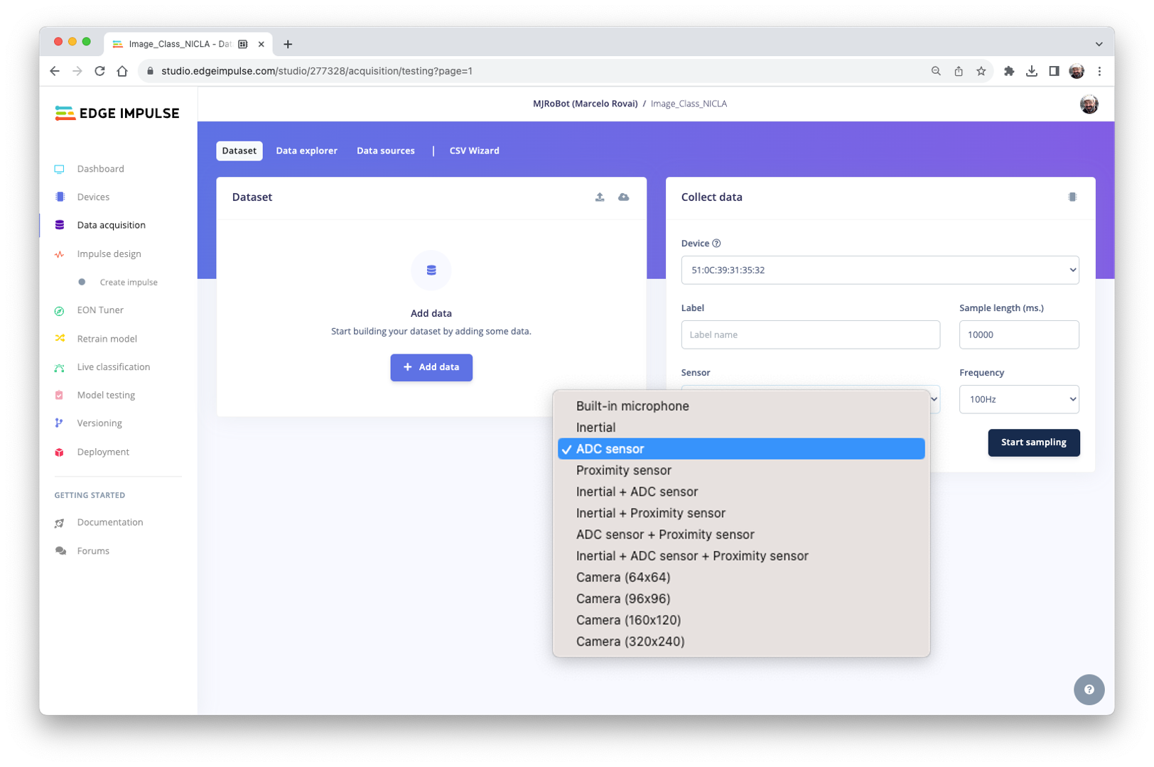 Выбор данных датчика в разделе Collect Data