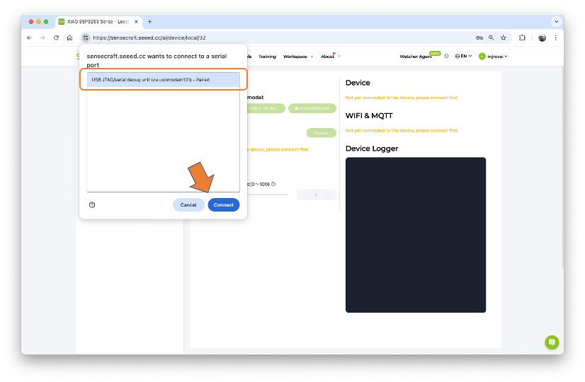 Подключение устройства в рабочем пространстве SenseCraft AI