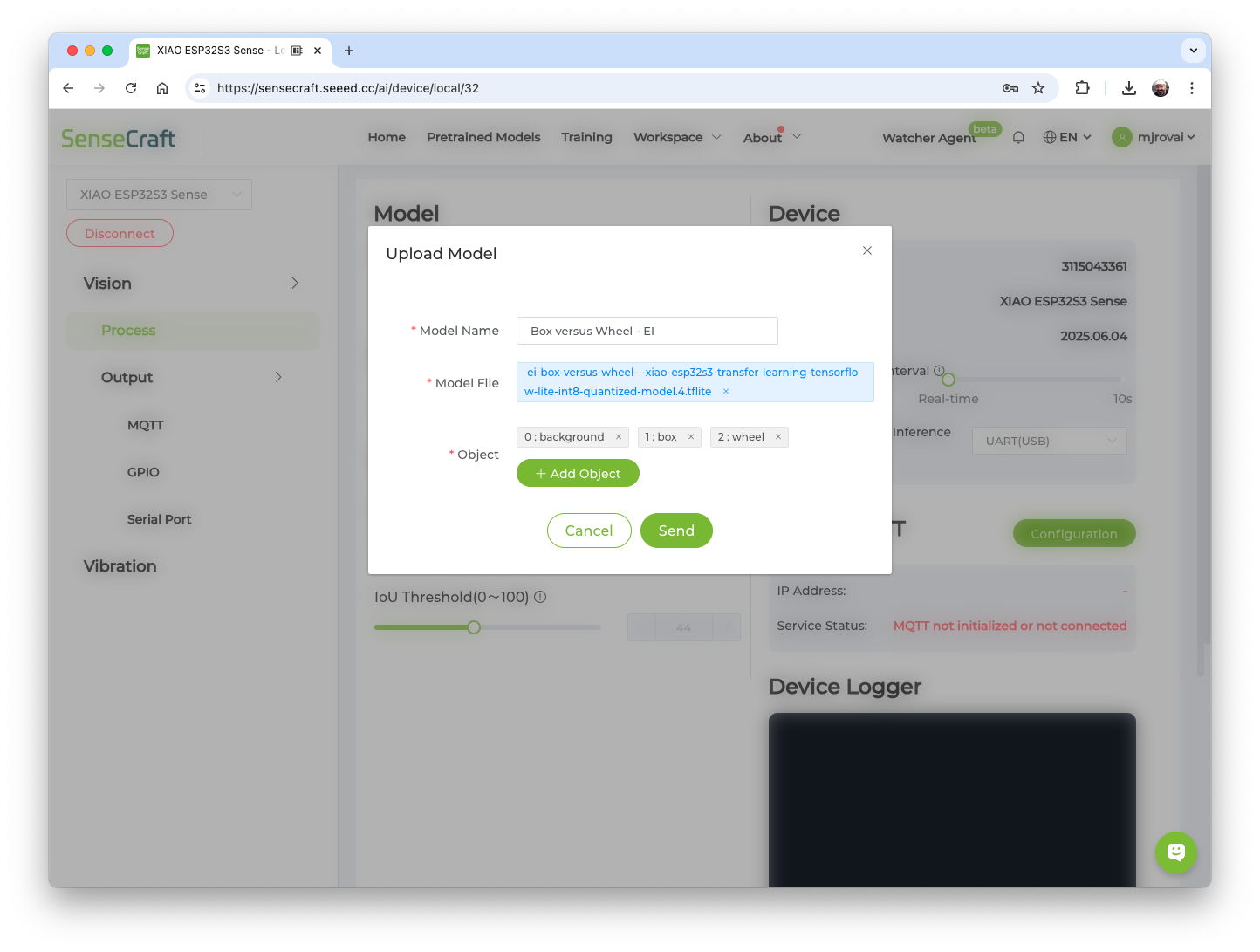 Загрузка модели TFLite в SenseCraft AI с метками классов