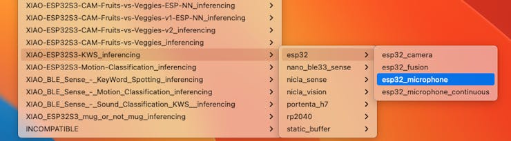 Выбор примера esp32_microphone в Arduino IDE
