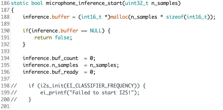 Строки инициализации микрофона в microphone_inference_start