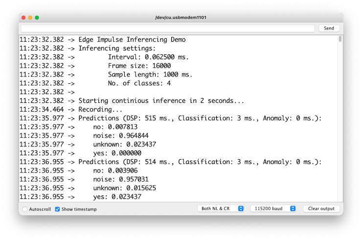 Результаты инференса KWS в Serial Monitor