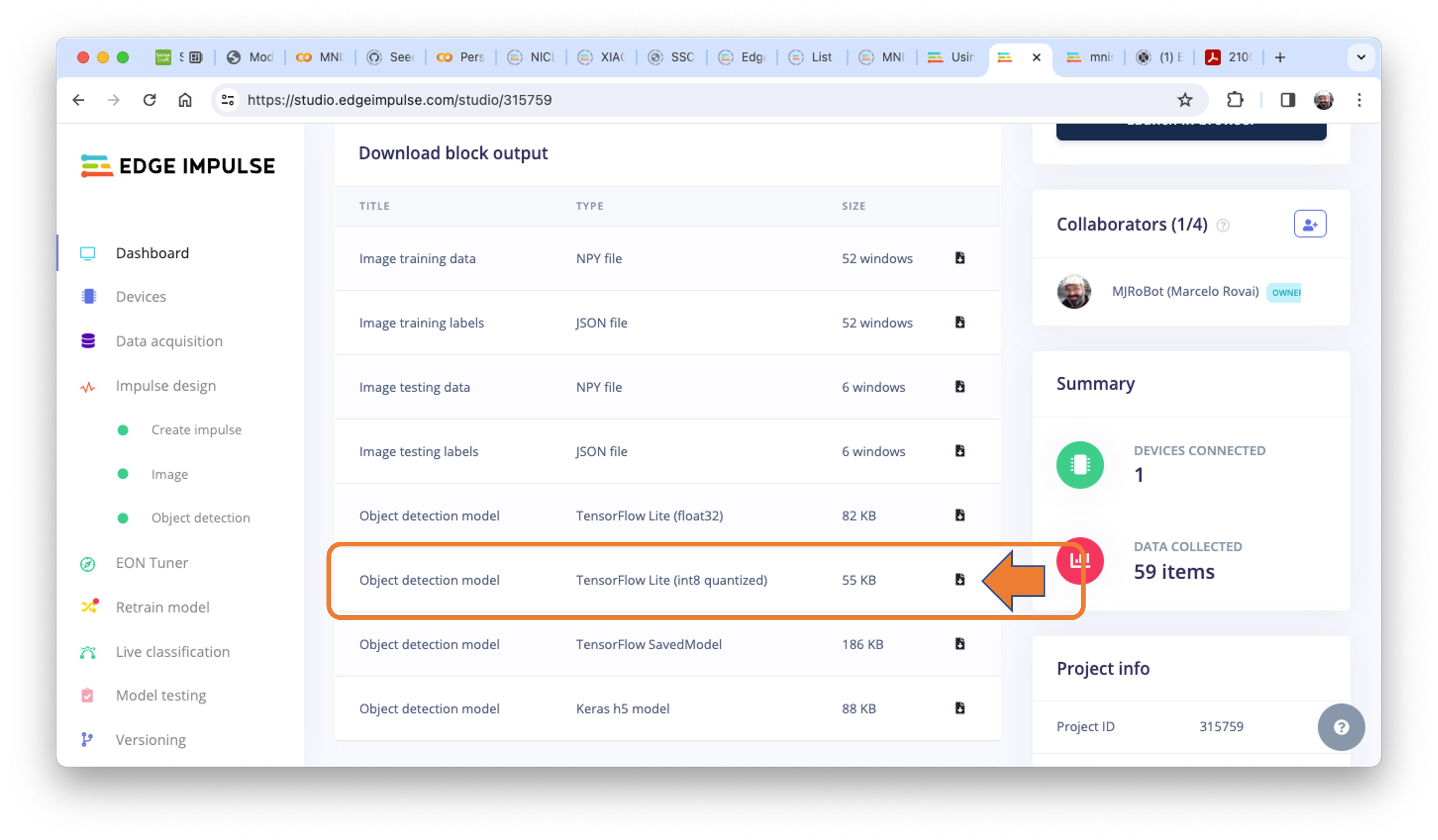Скачивание модели TensorFlow Lite int8 на Dashboard