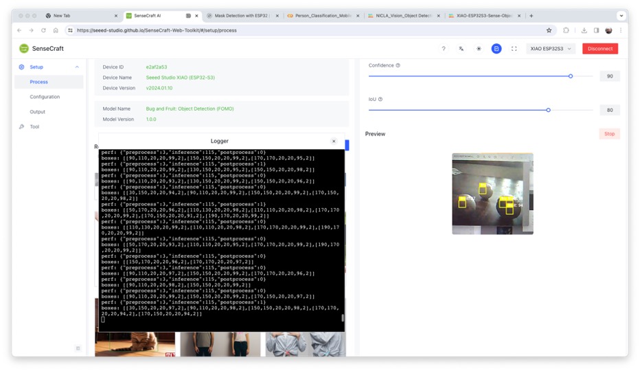 Предпросмотр обнаружения объектов в SenseCraft Web Toolkit