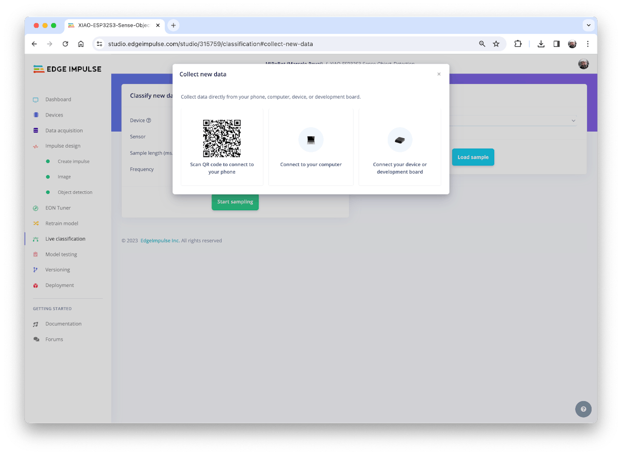 Подключение платы через QR-код в Live Classification