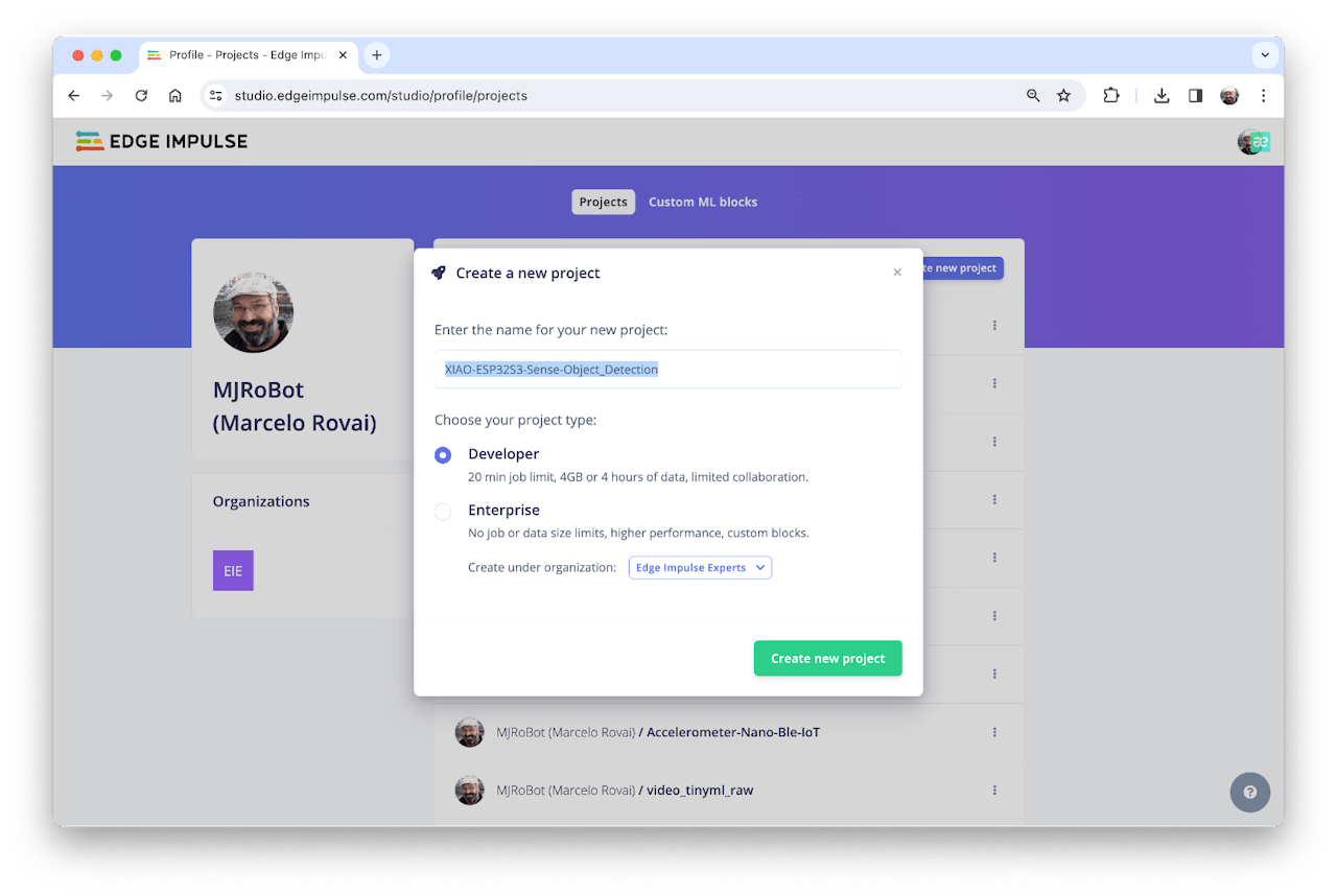 Создание нового проекта в Edge Impulse Studio