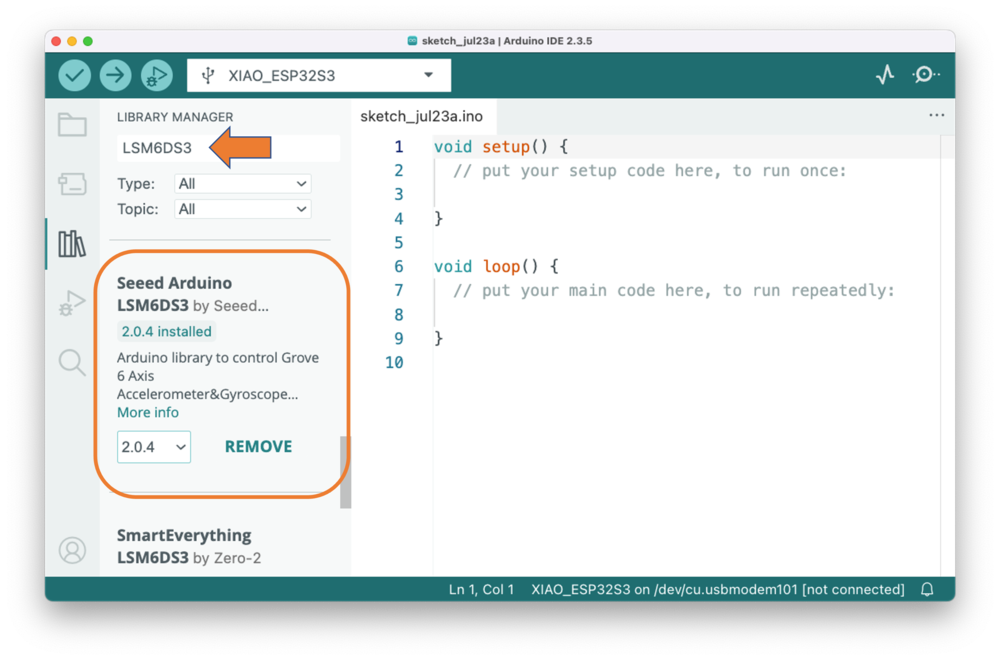Установка библиотеки Seeed Arduino LSM6DS3