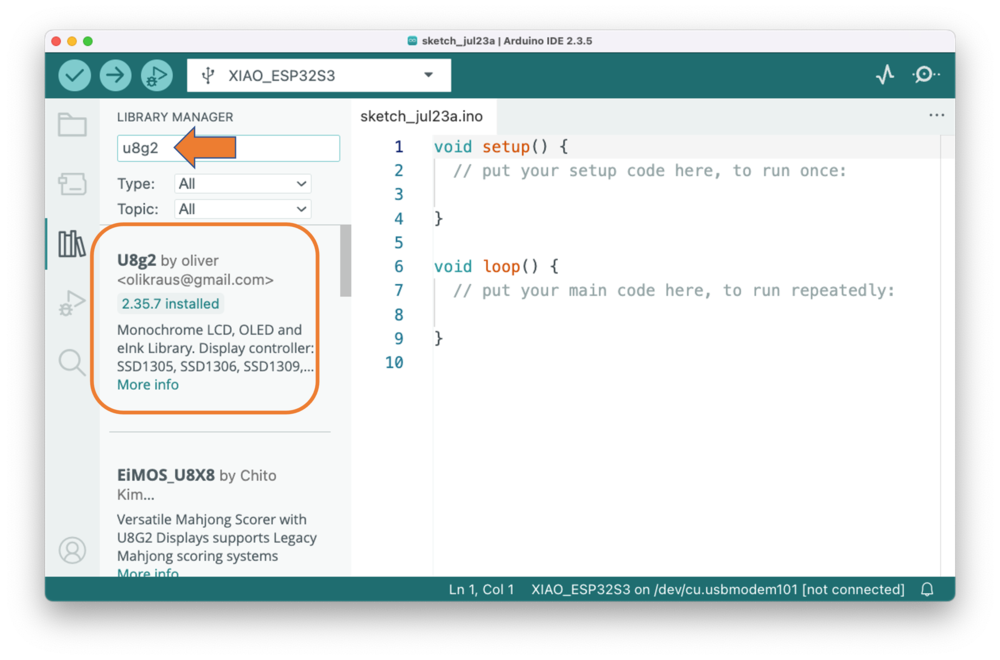 Установка библиотеки U8g2 в Library Manager