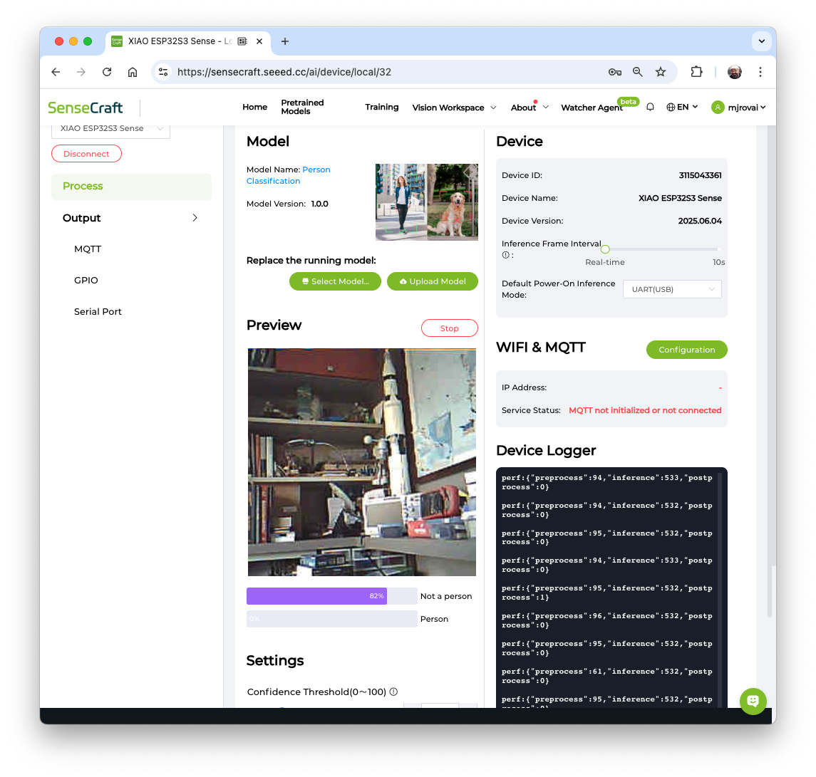 Предпросмотр видеопотока с камеры в SenseCraft AI