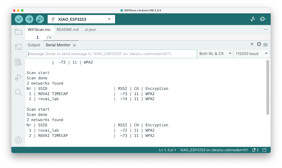 Результат сканирования Wi-Fi в Serial Monitor