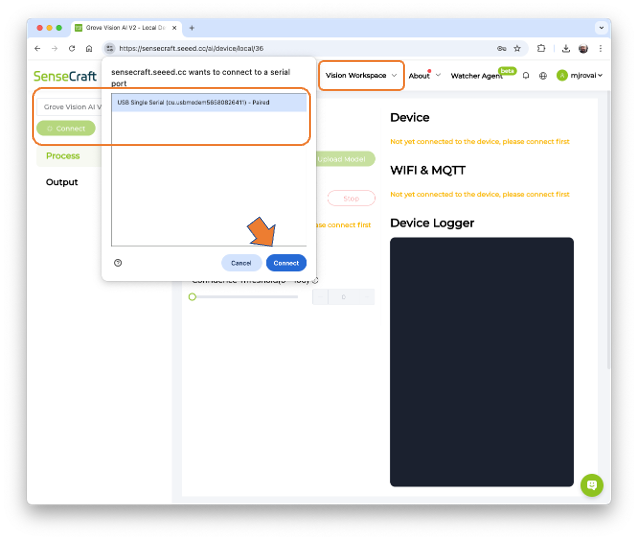 Подключение устройства на вкладке Vision Workspace