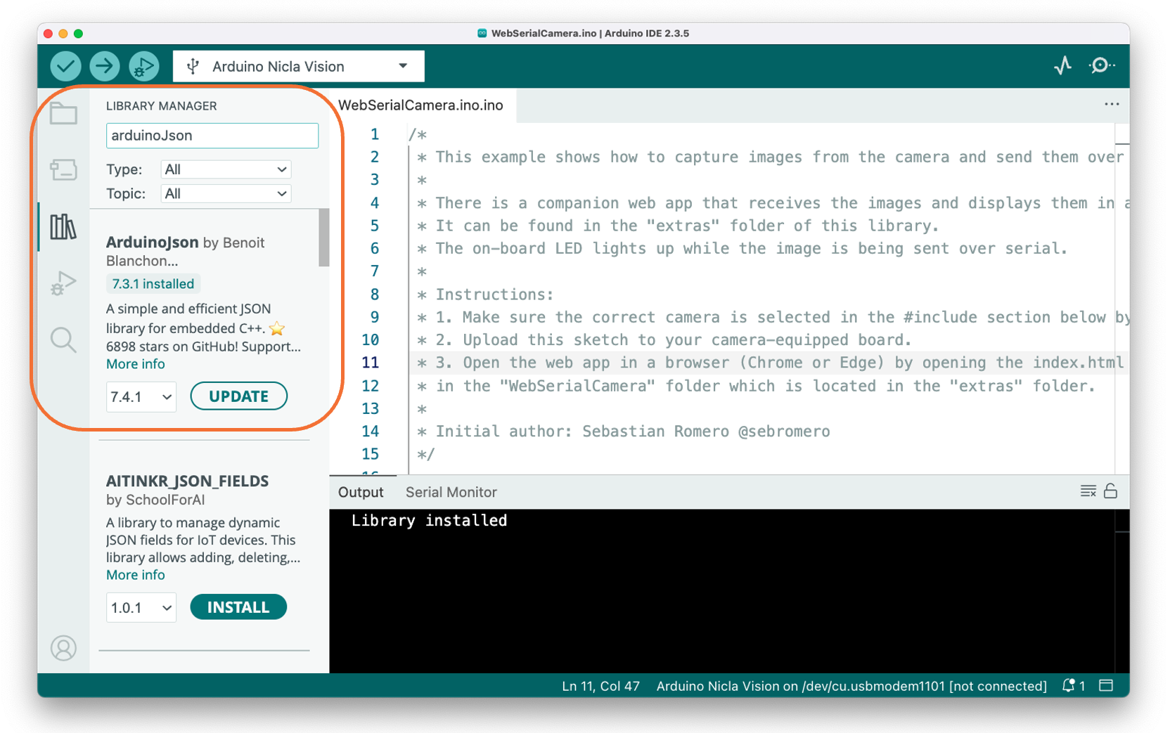 Установка библиотеки ArduinoJSON