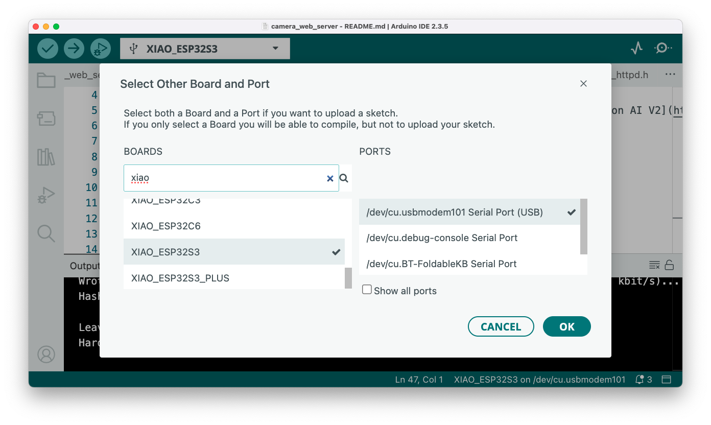 Выбор платы XIAO_ESP32S3 и порта USB в Arduino IDE