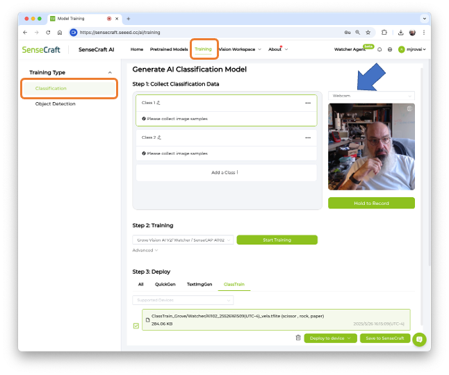 Вкладка Training в SenseCraft AI Studio