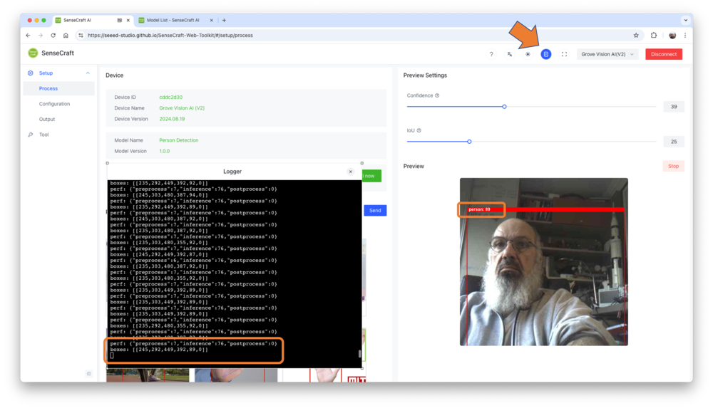 Видеопоток и журнал устройства в SenseCraft Web Toolkit