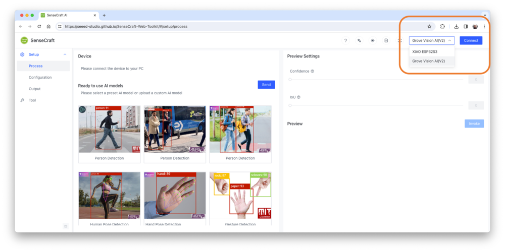 Выбор устройства в SenseCraft Web Toolkit