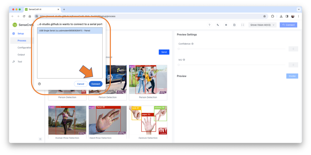 Выбор порта подключения в SenseCraft Web Toolkit