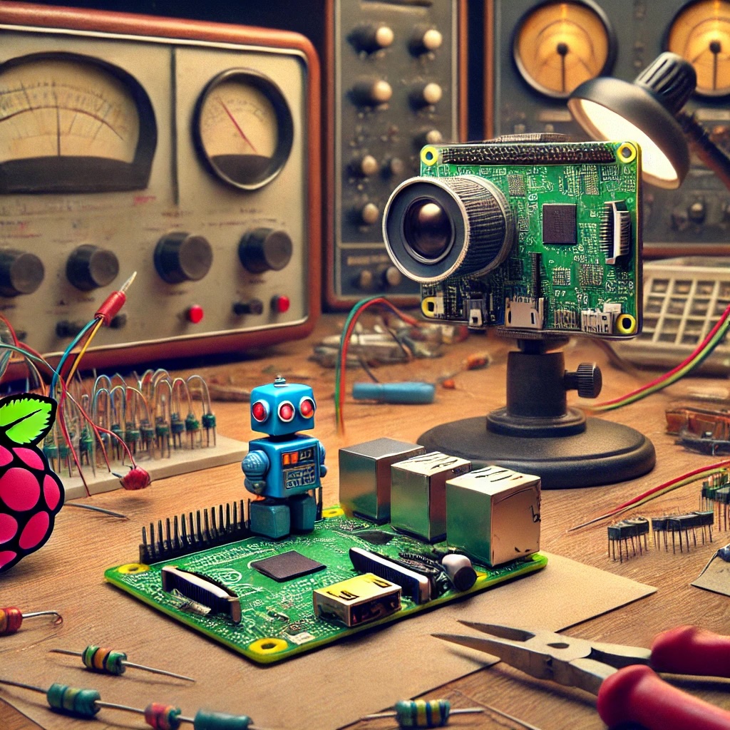Лаборатория 1950-х: Raspberry Pi с камерой фотографирует маленького синего робота на верстаке