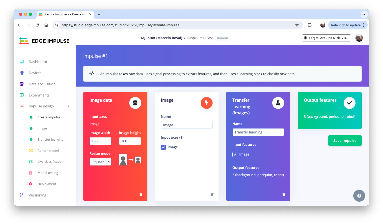 Схема Impulse: блоки Image и Transfer Learning