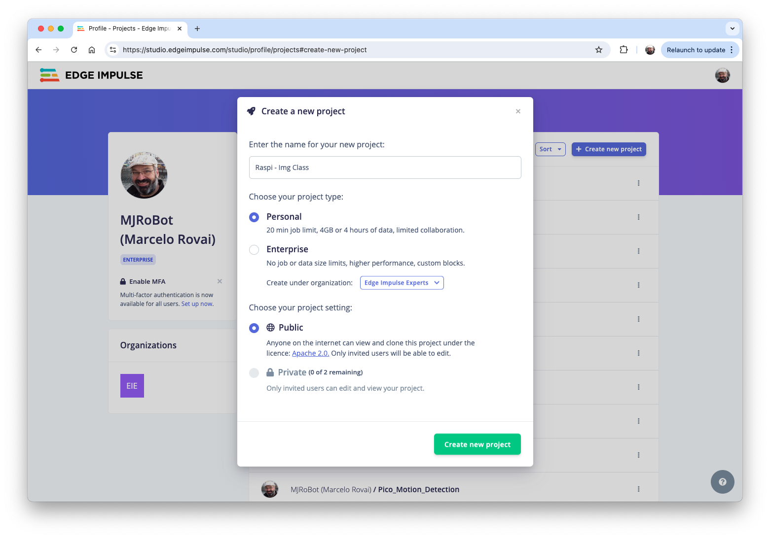 Создание нового проекта в Edge Impulse Studio