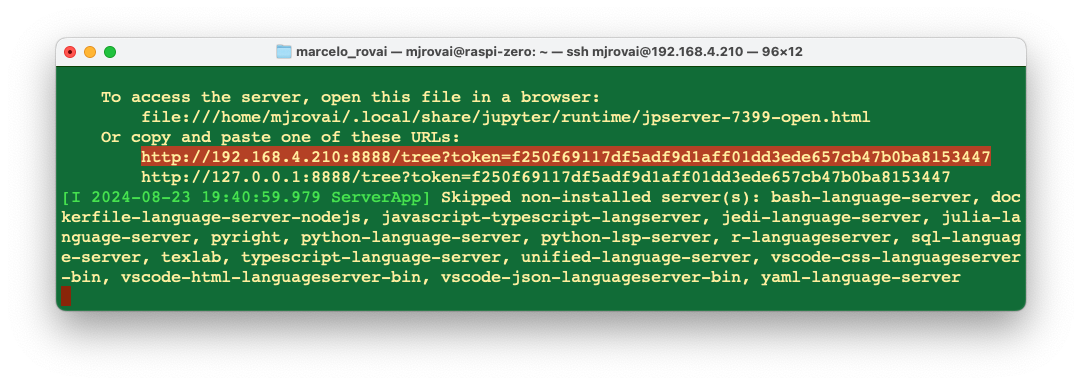 Вывод терминала с локальным адресом Jupyter Notebook и токеном