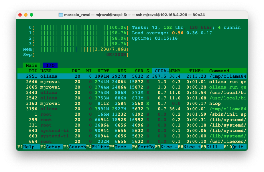 Загрузка CPU и памяти в htop во время инференса