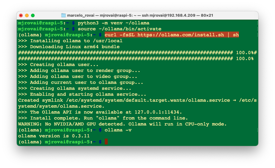 Проверка версии Ollama на Raspberry Pi 5