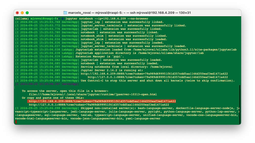 Вывод терминала с адресом Jupyter Notebook и токеном