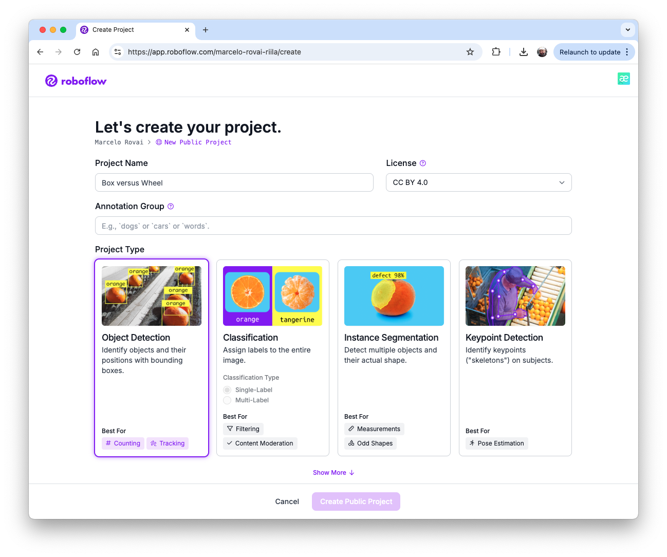 Создание нового проекта в Roboflow