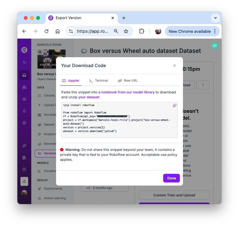 Окно Show download code в Roboflow
