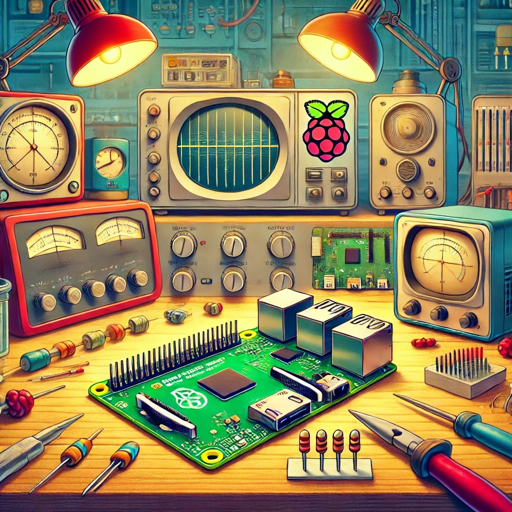 Лаборатория электроники в стиле 1950-х с Raspberry Pi 5 на верстаке