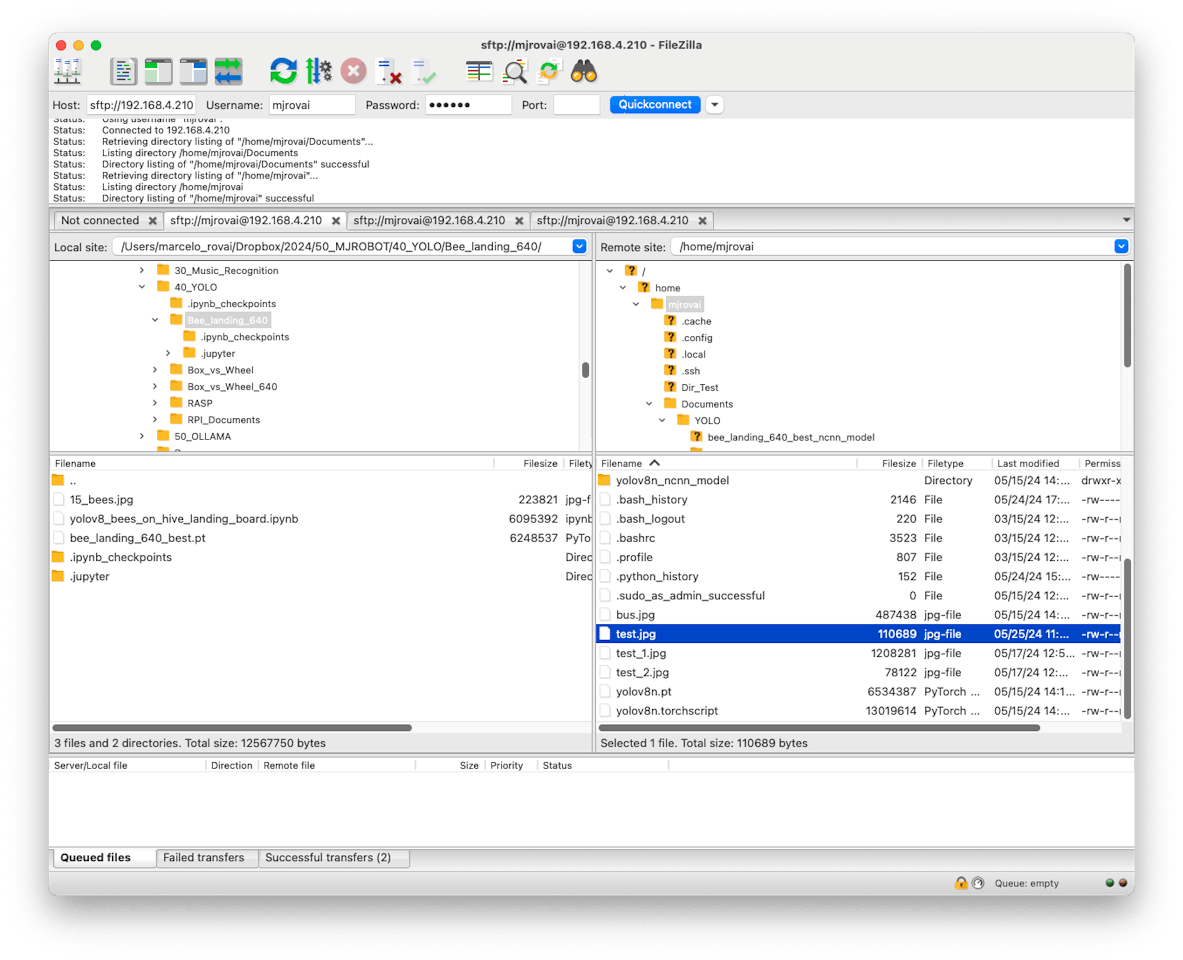 Окно FileZilla с локальным компьютером справа и Raspi слева